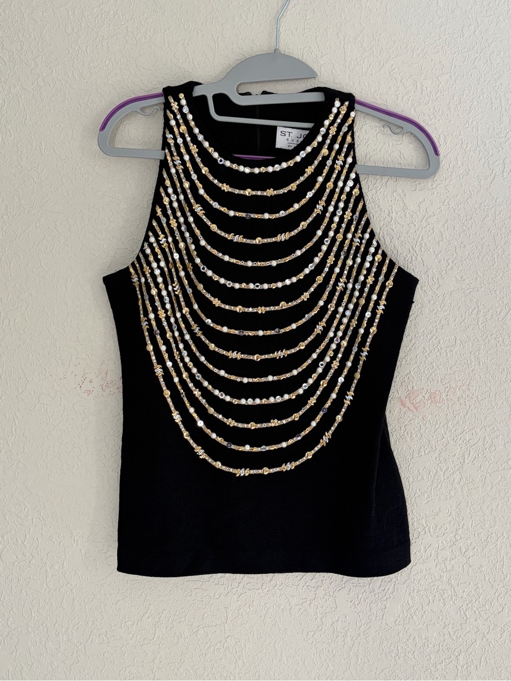 Vintage ST. JOHN EVENING Knit Sleeveless Top 2 Black Gold Jewel Embellished RARE